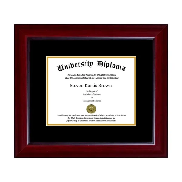 Single Diploma Frame with Double Matting for 17" x 14" Tall Diploma with Mahogany 1 5/8" Frame
