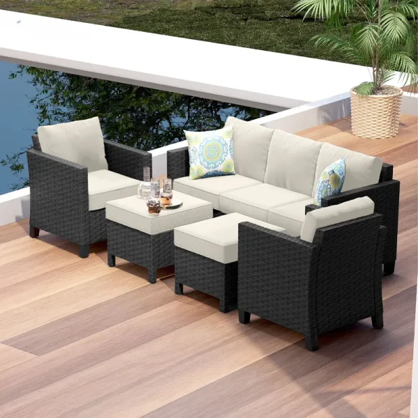 Hearth & Harbor 5 - Piece Outdoor Patio Furniture Set, Wicker Patio Conversation Set, Sectional Sofa, Black/Off White