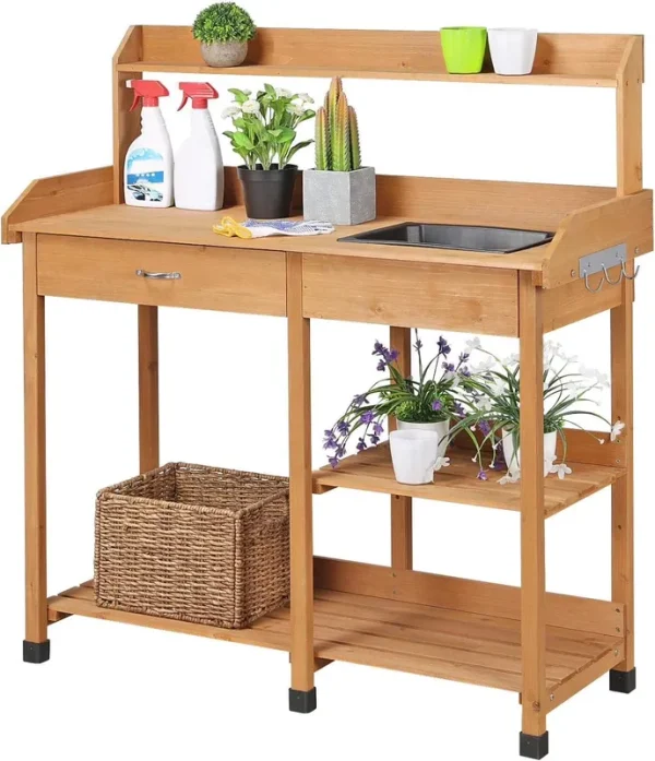HLL Potting Bench Outdoor Garden Work Bench Station Planting Solid Wood Construction for Horticulture W/Sink Drawer Rack Shelves Natural Wood
