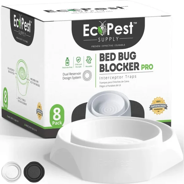 EcoPest Bed Bug Interceptors 8 Pack | Bed Bug Blocker (Pro) Interceptor Traps (White) | Insect Trap, Monitor, and Detector for Bed Legs