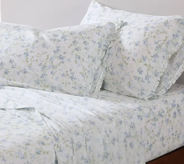 Shabby Chic - King Sheets, Soft & Breathable Organic Cotton Bedding Set, Floral Home Decor with Ruffled Pillowcases (Ella Blue, King)