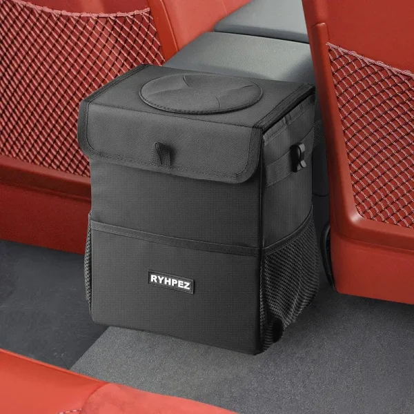 Ryhpez Car Trash Can with Lid - Car Trash Bag Hanging with Storage Pockets, Leakproof Collapsible Garbage Can with Solid Structure Support (Upgraded