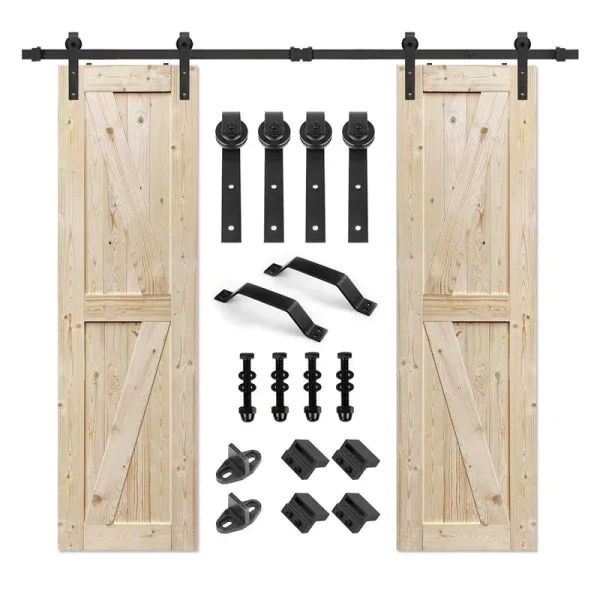 S&Z TOPHAND 24 in. x 84 in. Double Unfinished British Brace Knotty Barn Door with 8ft Sliding Door Hardware Kit/Solid Wood/Sliding Door/Double