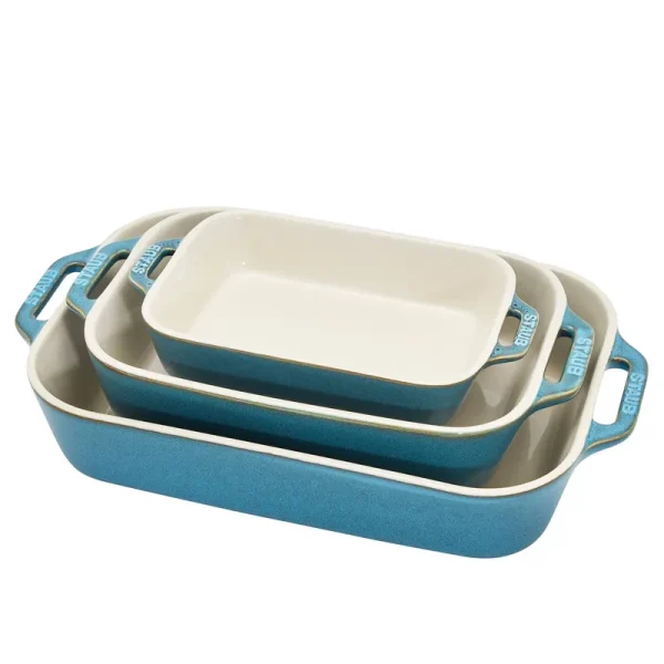 Staub 3-Piece Rectangular Baking Dish Set Rustic Turquoise