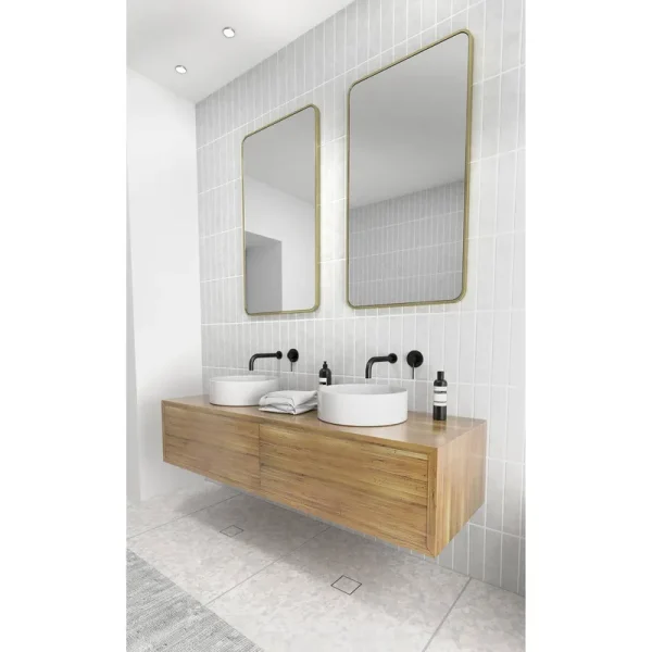 Glass Warehouse 22 in. W x 40 in. H Stainless Steel Framed Radius Corner Bathroom Vanity Mirror in Satin Brass