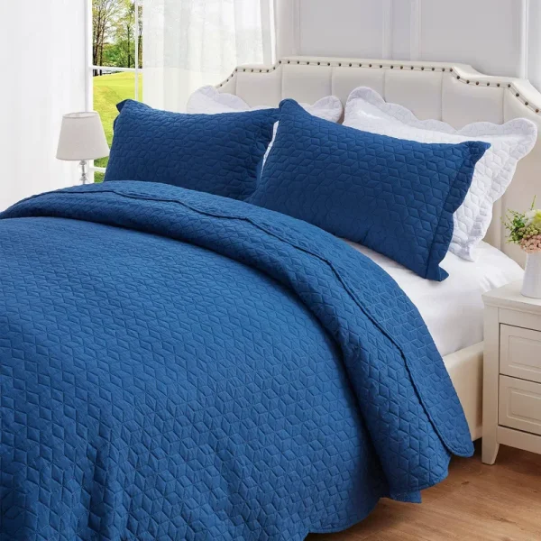 NexHome King Size Quilt Set Ruffles Lightweight Bedspreads Soft Microfiber Reversible Quilted Bed Cover Dark Blue Summer Coverlet Set for All Season