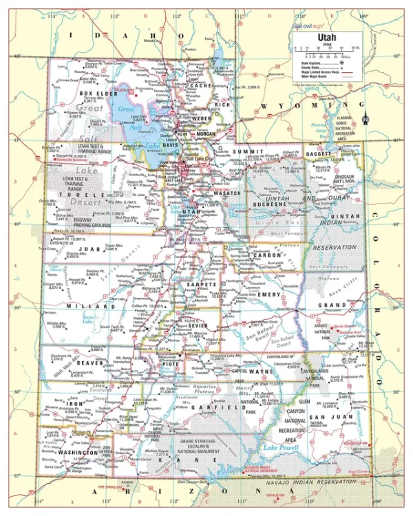 Cool Owl Maps Utah State Wall Map Poster Rolled 24"Wx30"H (Laminated)