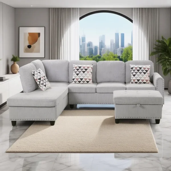 AENKYO 95 L - Shaped Corduroy Modular Sectional Sofa with Ottoman & Cup Holders - Living Room Couch for Apartmentslight Gray