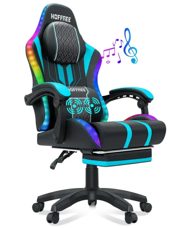 HOFFREE Big and Tall Gaming Chair with Speakers and RGB Lights, Gamer Chair with Footrest, Lumbar Support Height Adjustable 360 - Swivel Seat and Headrest for Adults, 400 lb