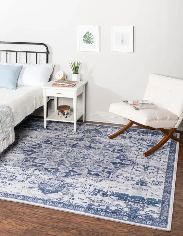 Wasahable Renaissance 4 ft Square Blue Floral Area Rug
