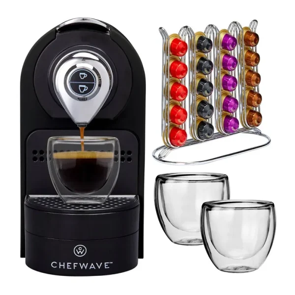 ChefWave Espresso Machine for Nespresso Capsules (Black) with Holder and Cups