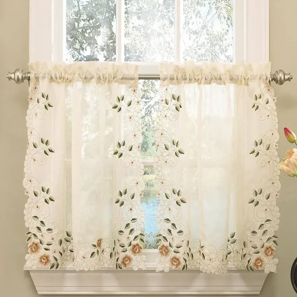 Sweet Home Collection Rosemary Floral Embroidered Semi-Sheer Kitchen Curtain Tier, 36