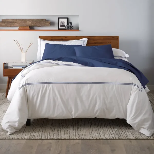 100% Cotton Percale 3 Piece Duvet Set with Satin Stitching - Full/Queen - Navy