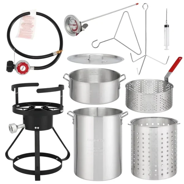 Segmart 30 Qt Iron Aluminum Turkey Fryer Pot, Outdoor Fryer Kit with Injector Thermometer Kit, 54000 BTU Outdoor Propane Stove Burner Stand for 20 lb Turkey, 10pcs, Silver