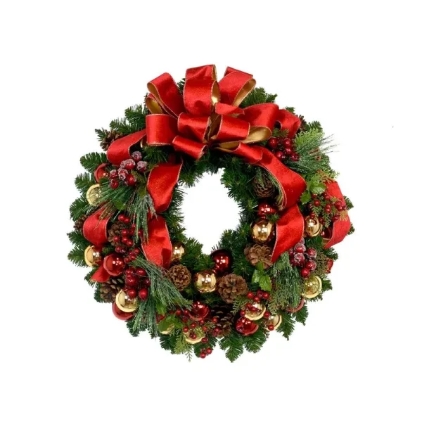Red and Gold Holiday Wreath with Ornaments and Pine Cones Three Posts
