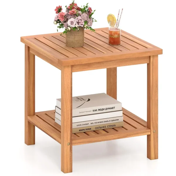 Tangkula 2 Tier Acacia Wood Square End Table with Slatted Tabletop & Storage Shelf