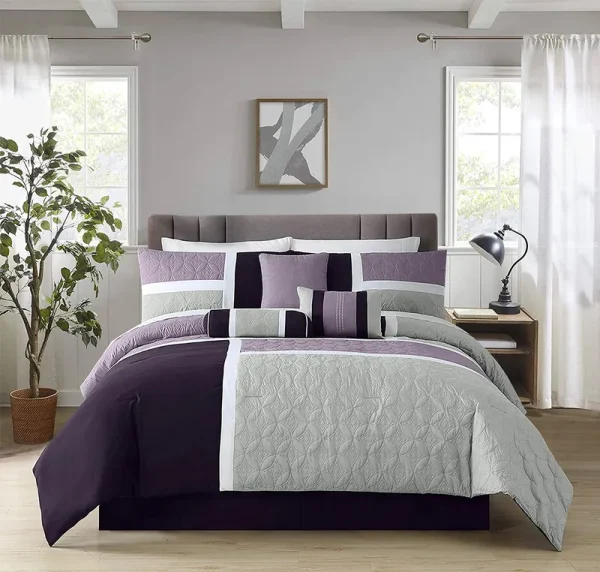 Chezmoi Collection Upland 7-Piece Quilted Patchwork Comforter Set, Lavender/Gray/Purple, Queen