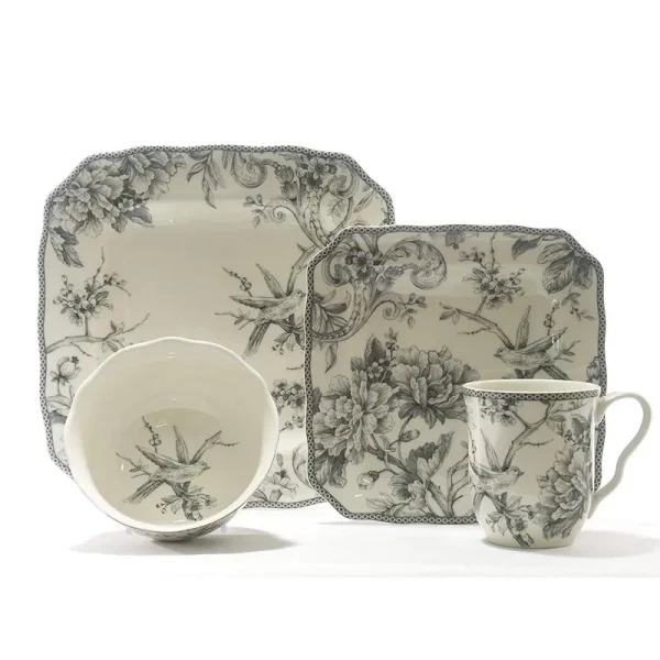 222 Fifth Adelaide Grey 16 Piece Dinnerware Set Square Service for
