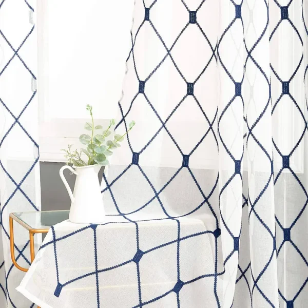 Top Finel White Sheer Curtains 63 inch Length Navy Blue Embroidered Diamond Grommet Window Curtains for Living Room Bedroom, 2 P