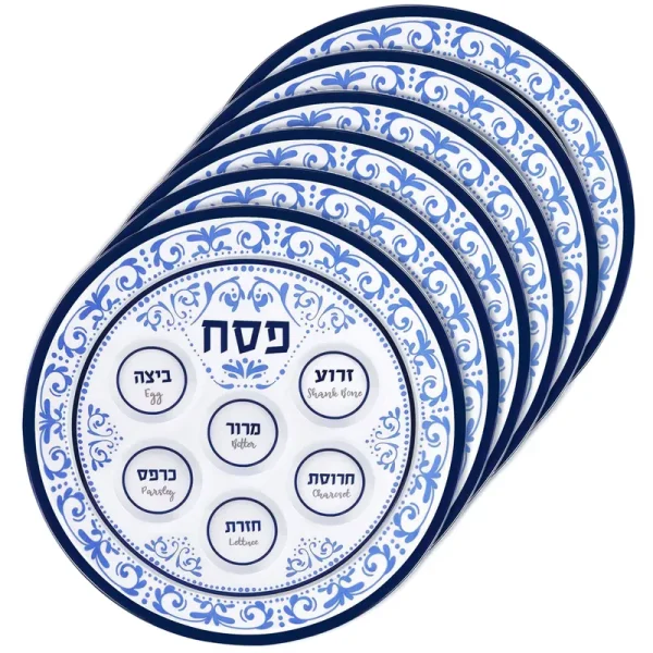 Zion Judaica Passover Seder Plates 12" Melamine Bulk Pack Seder Plates Floral Desgin Pesach Plate for Adults, Kids (6, Blue Renaissance)