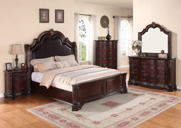Jerrylee Rich Brown Upholstered Panel Bedroom Set Special King 3 Piece: Bed, Dresser, Mirror