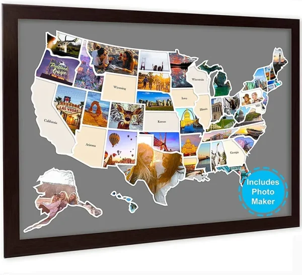 USA Photo Map, Travel Map - 24 x 36" 50 States Photo Map of The United States Includes Photo Maker - Gift for Travelers Couples Visited States Map -