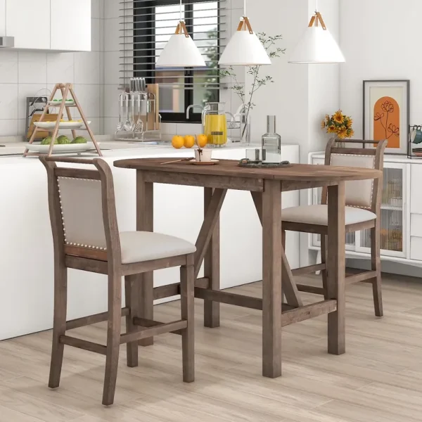 Harper & Bright Designs 3 Piece Wood Folding Dining Table Set Drop Leaf Table with 2 Padded Counter Height Dining Chairs for Small Place, Brown