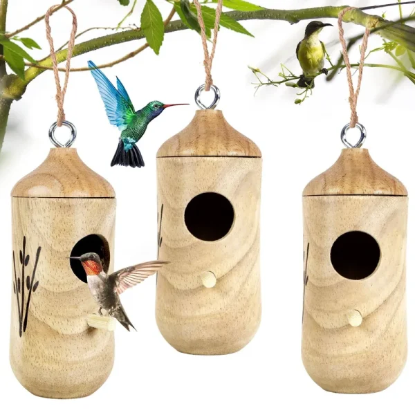 Kmise Hummingbird House for Outside Hanging,Wooden Humming Bird Nest 3 Pcs with Hemp Ropes (MI3723)
