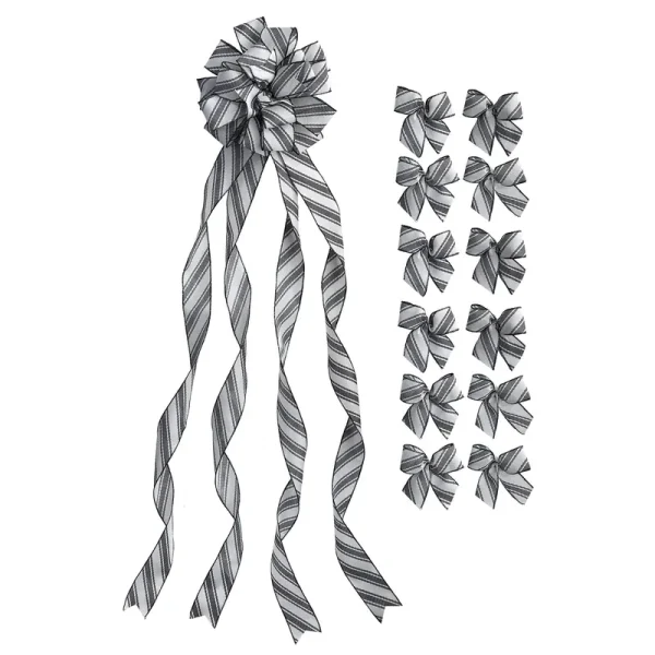 New Traditions - Large Christmas Tree Topper Bow and 12 Mini Bows - Ticking Stripe Ribbon (Ivory & Black)