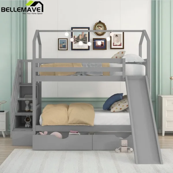 Bellemave Twin Over Twin House Bunk Bed with Slide and Stairs, Wooden Bunk Bed with Storage Drawers, Playhouse Bed for Kids, Teens(Gray)