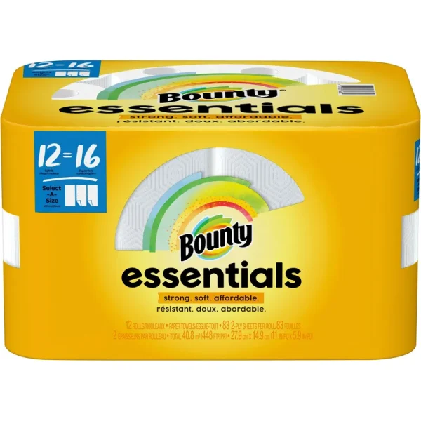 Bounty Essentials Paper Towels, Select-A-Size, White, Big Rolls, 2-Ply - 12 rolls
