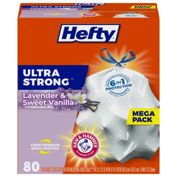 Hefty Ultra Strong Tall Kitchen Bags, Drawstring, Lavender & Sweet Vanilla, 13 Gallon, Mega Pack - 80 kitchen bags