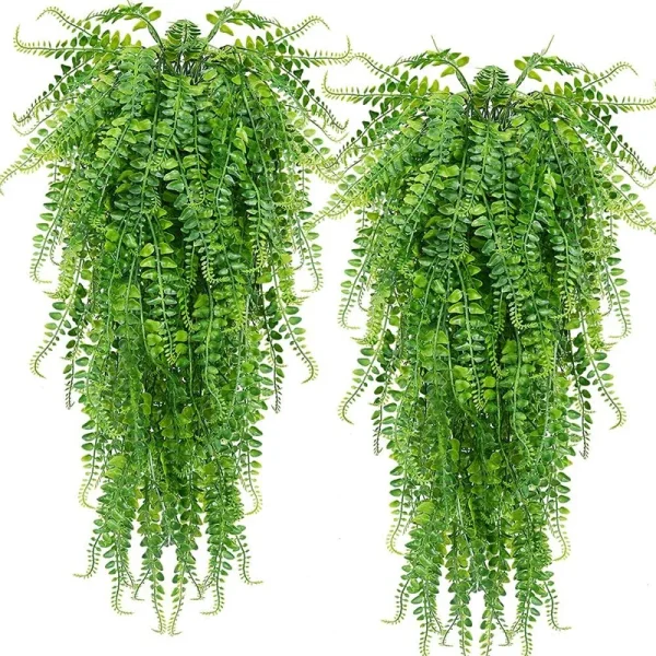 Clong 2 Pcs Artificial Hanging Ferns Plants Vine Fake Ivy Boston Fern Hanging Plant Outdoor UV Resistant Plastic Plants (Green)