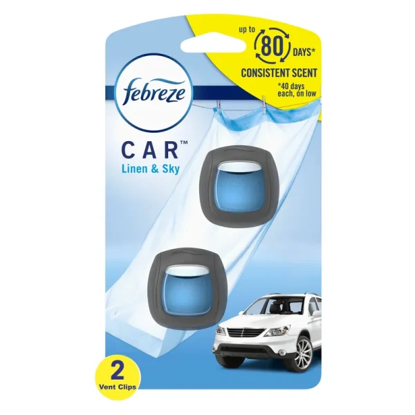 Febreze Car Air Freshener, Linen & Sky - 2 pack, 2 ml clips