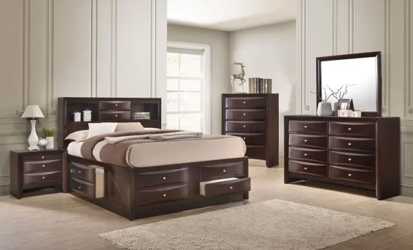 Contemporary King Size 6pc Master Bedroom Set Captains Bed Storage Drawers Cherry Finish Solid Wood Furniture