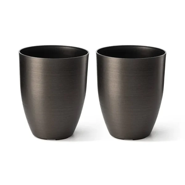 Glitzhome 16.75" H Set of 2 Black Resin and Stone Faux Brushed Steel Texture Tall Planter - Black