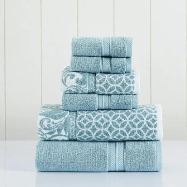 Sterling Blue Trefoil Filigree Reversible Yarn-Dyed Jacquard 6-Piece Towel Set