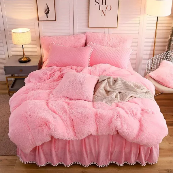 LIFEREVO Luxury Plush Shaggy Duvet Cover Set (1 Faux Fur Duvet Cover + 2 Pompoms Fringe Pillow Shams) Solid, Zipper Closure (Queen Pink)
