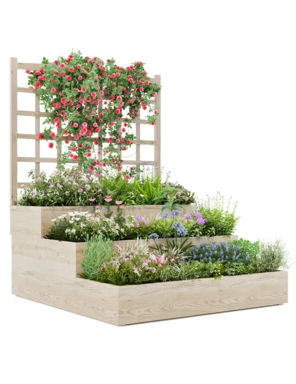Riedhoff 3 - Tier Wooden Raised Garden Bed with Trellis - Vertical Planter Box for Patio, Backyard