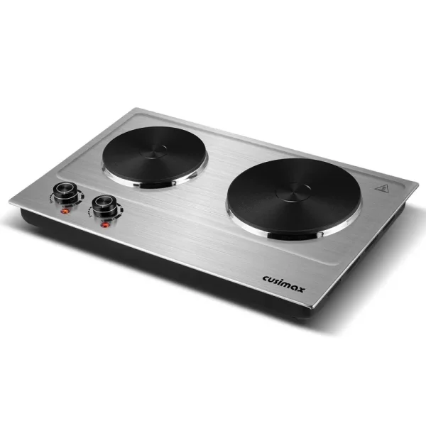 CUSIMAX 1800W Portable Double Burner Hot Plate �?stainless Steel Countertop Electric Cooktop with Dual Cast Iron Heating Plates, Easy - to - Clean Silver Design, Upgraded Version