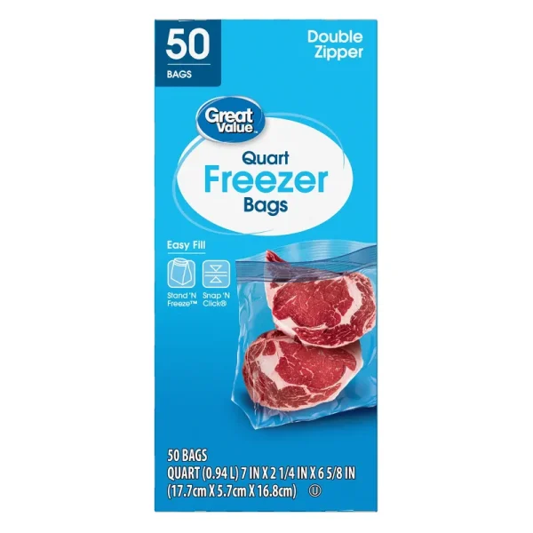 Great Value Freezer Bags, Double Zipper, Quart - 50 bags