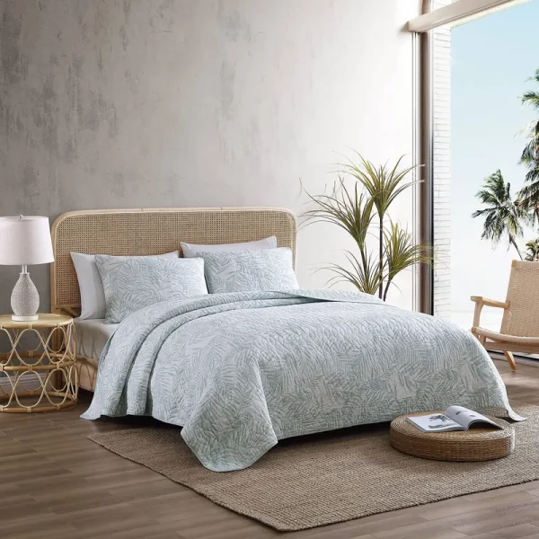 Tommy Bahama Palmday Cotton Reversible Quilt Set - Light Blue - Twin