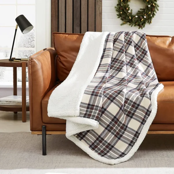 Eddie Bauer Edgewood Plaid Flannel Sherpa Throw Blanket, Khaki