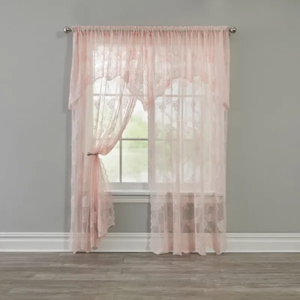 BrylaneHome Ella Floral Lace Panel with Attached Valance - 58" W 84" L, Pink