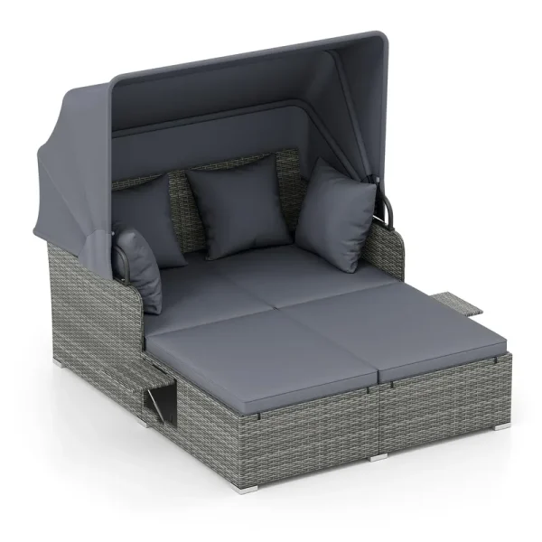 Tangkula Outdoor Wicker Sunbed Lounger with 2 Foldable Side Tables