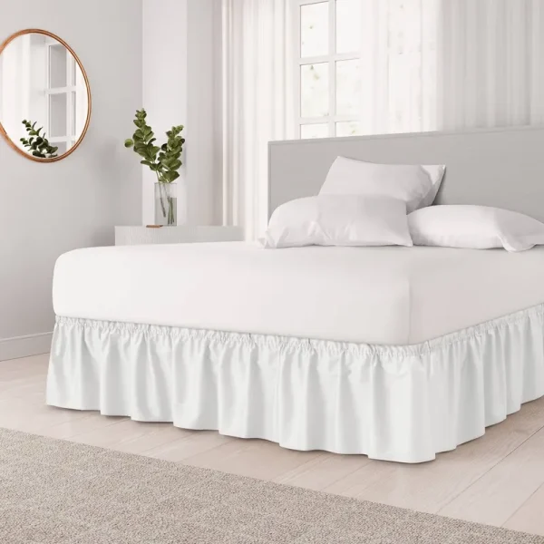 Ruffled Elastic Wrap Around Bedskirt 12 inch Drop, Size: Queen, White