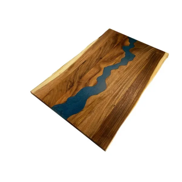 5 ft. L x 30 in. D UV Finished Saman Solid Wood Butcher Block Desktop Countertop with Live Edge and Blue Epoxy River