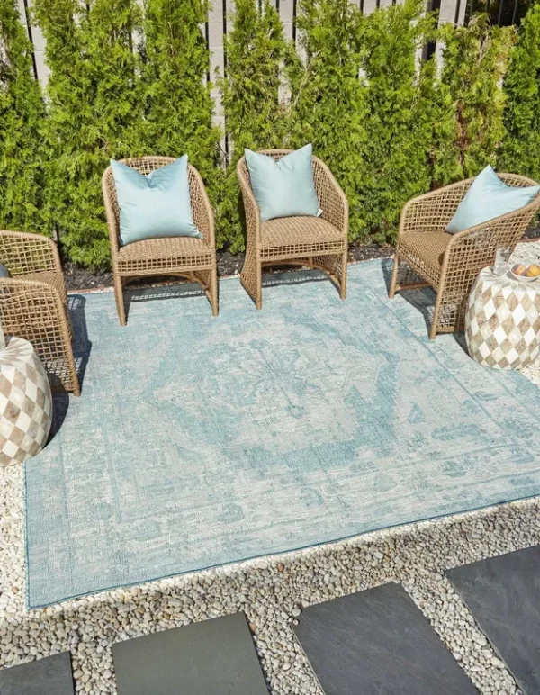 Unique Loom Outdoor Traditional 8 ft Square Aqua Blue Floral Area Rug Indoor Outdoor Rug