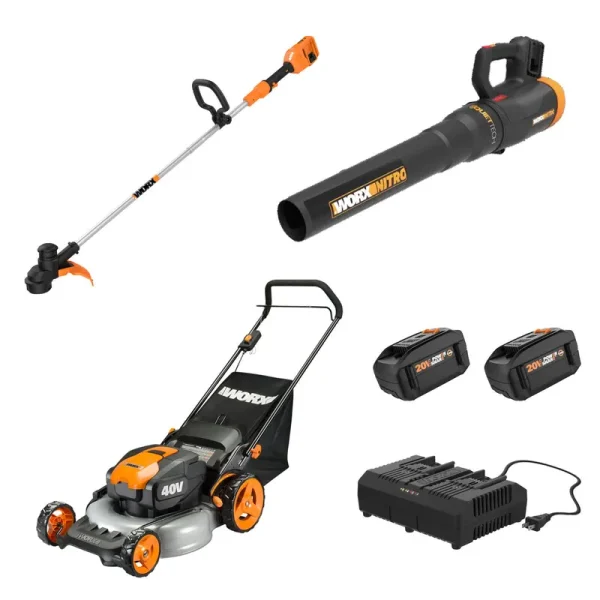 Worx 20' Push Mower, 13' String Trimmer, Quiet Tech Blower Combo Kit