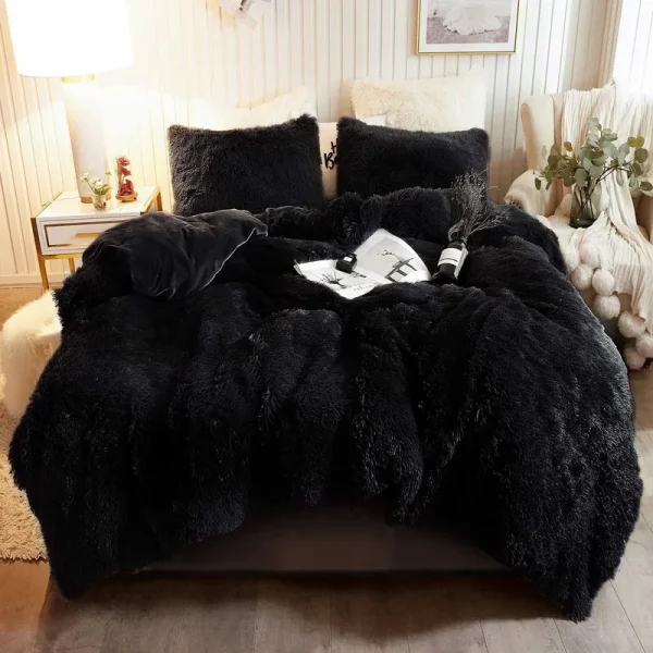 XeGe 3 Pieces Furry Plush Duvet Cover Set, Black Faux Fur Comforter Cover Set, Luxury Soft Velvet Fuzzy Fluffy Bedding Set, Shaggy Duvet Cover with 2